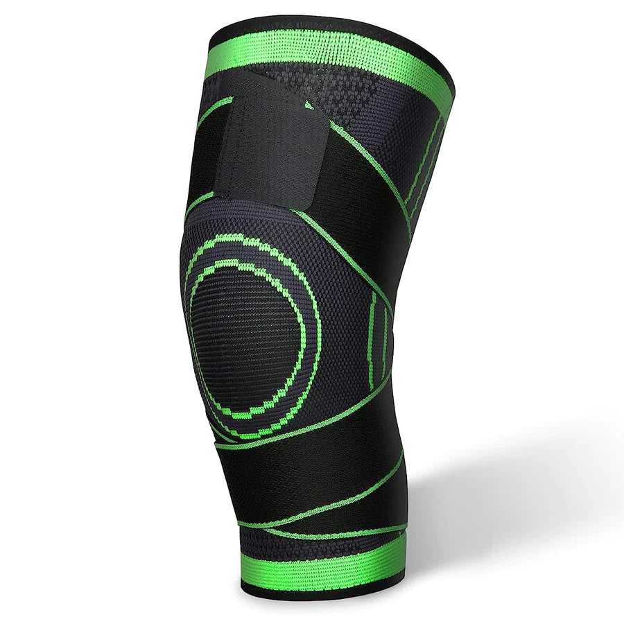 Unisex Aeroflux knee support brace for pain relief with adjustable straps, shown securely wrapped around a leg for stability.