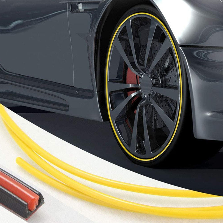 "Unisex alloy wheel rim protector, high adhesion, prevents kerb scrapes, vibrant colors, DIY installation, durable rubber."