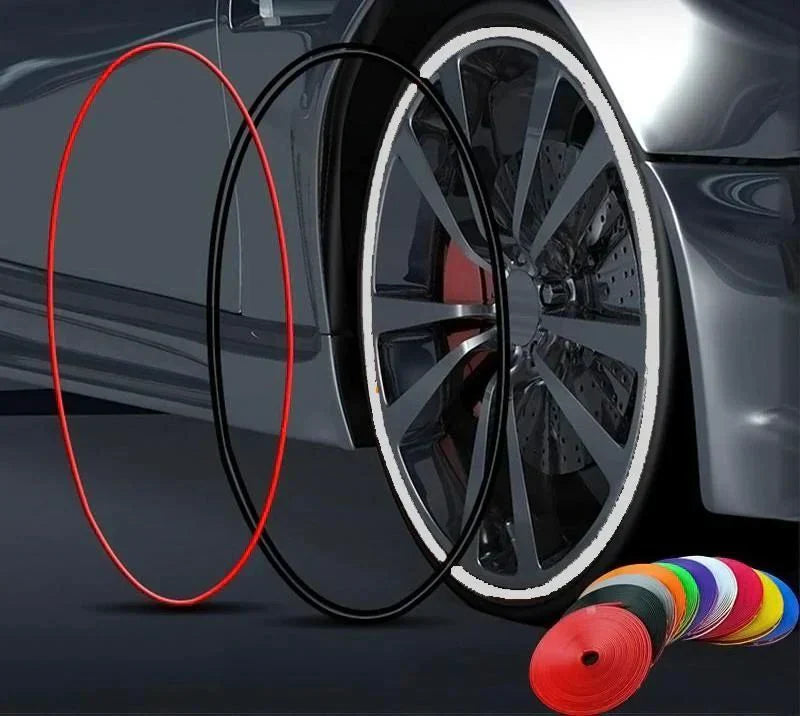 "Unisex alloy wheel rim protector, high adhesion, prevents kerb scrapes, vibrant colors, DIY installation, durable rubber."