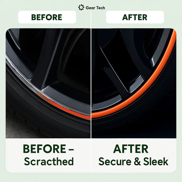 "Unisex alloy wheel rim protector, high adhesion, prevents kerb scrapes, vibrant colors, DIY installation, durable rubber."