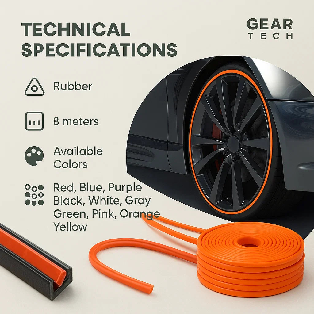 "Unisex alloy wheel rim protector, high adhesion, prevents kerb scrapes, vibrant colors, DIY installation, durable rubber."