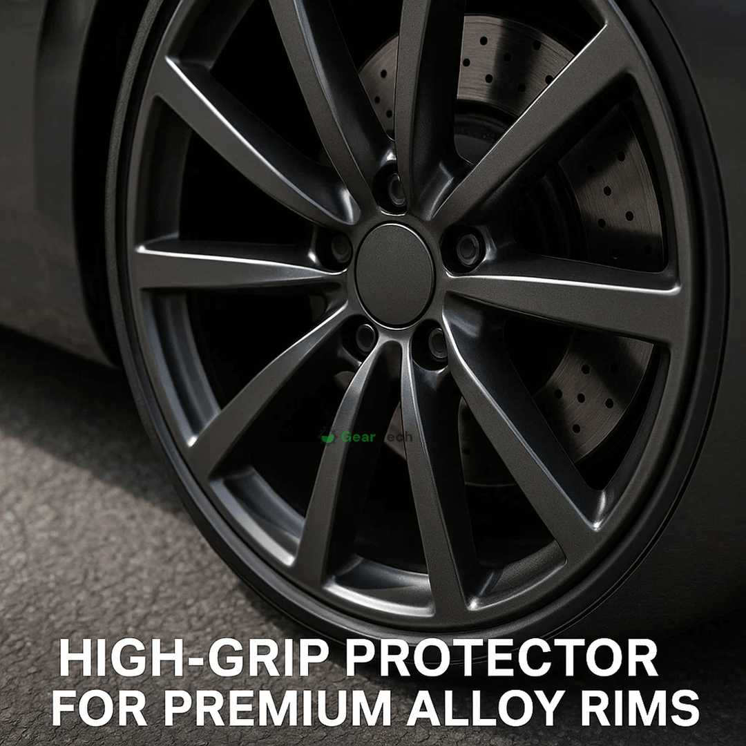 "Unisex alloy wheel rim protector, high adhesion, prevents kerb scrapes, vibrant colors, DIY installation, durable rubber."