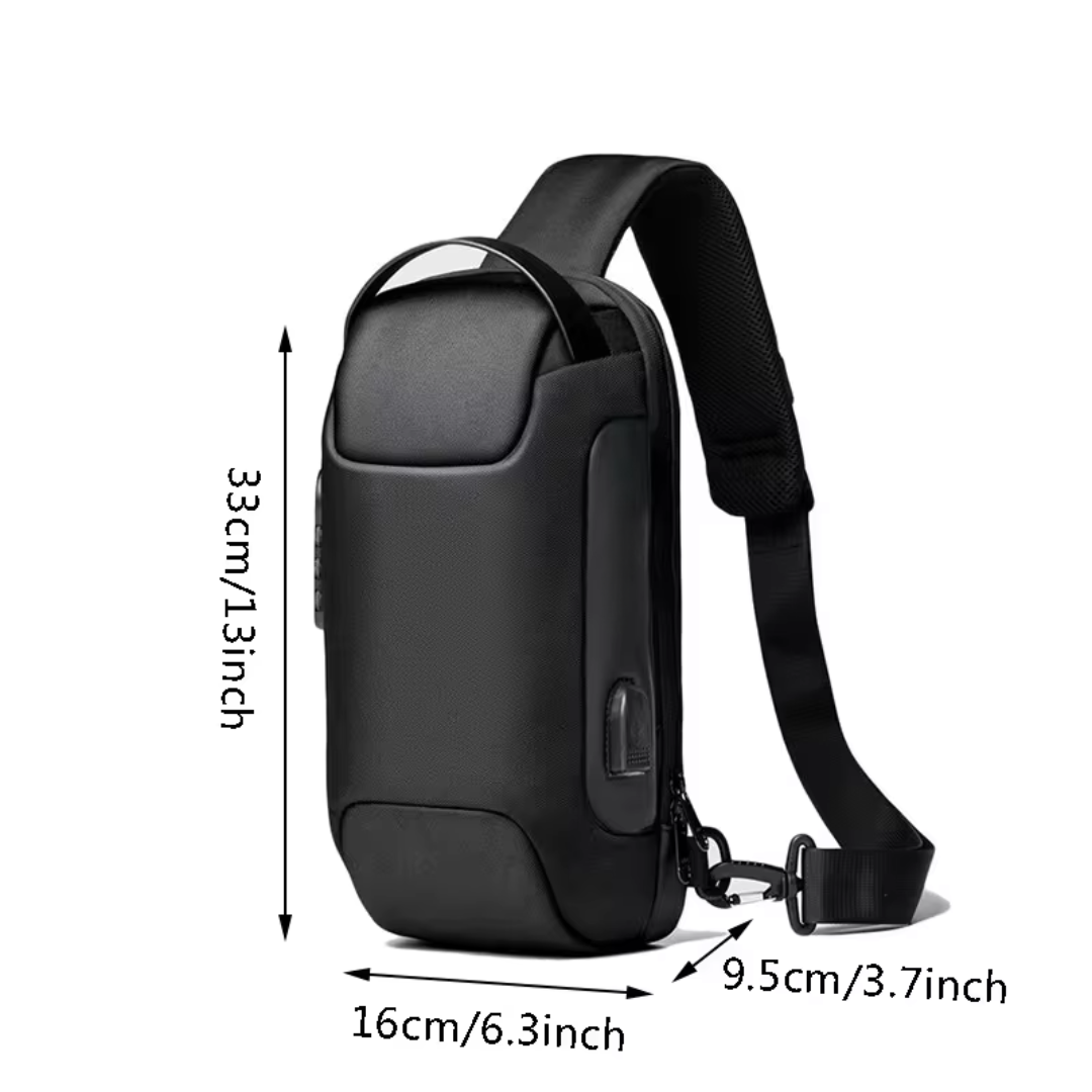 Unisex anti-theft crossbody bag with USB port, sleek design, secure lock, cut-resistant straps, ideal for travel safety.