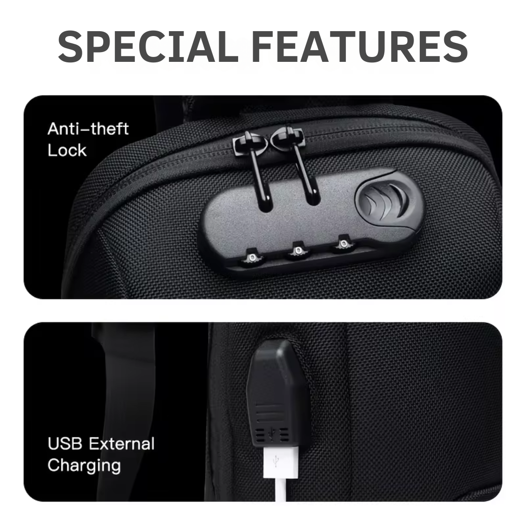 Unisex anti-theft crossbody bag with USB port, sleek design, secure lock, cut-resistant straps, ideal for travel safety.