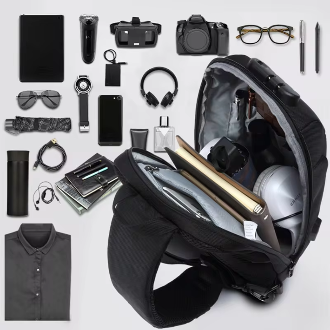 Unisex anti-theft crossbody bag with USB port, sleek design, secure lock, cut-resistant straps, ideal for travel safety.