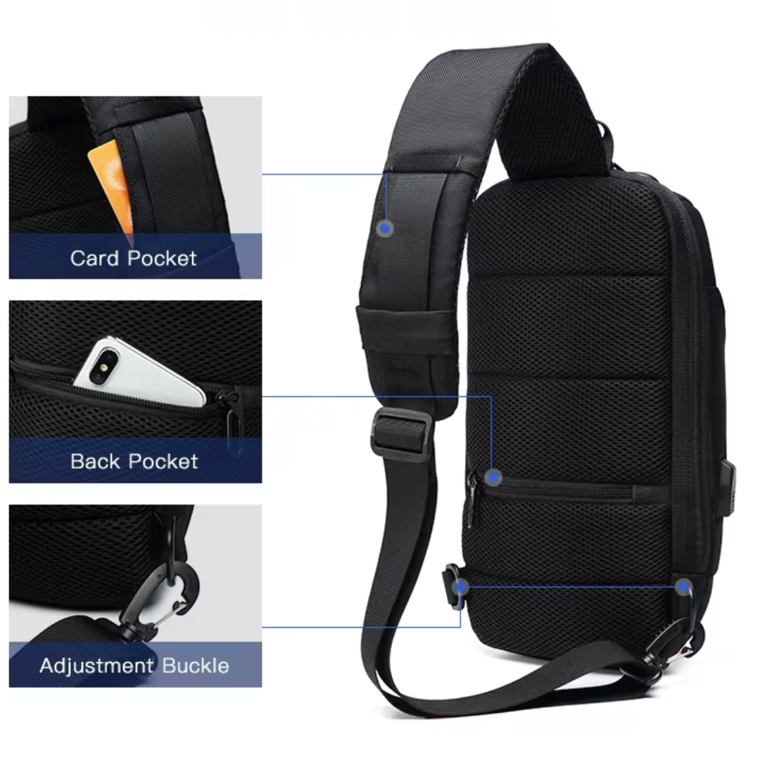 Unisex anti-theft crossbody bag with USB port, sleek design, secure lock, cut-resistant straps, ideal for travel safety.