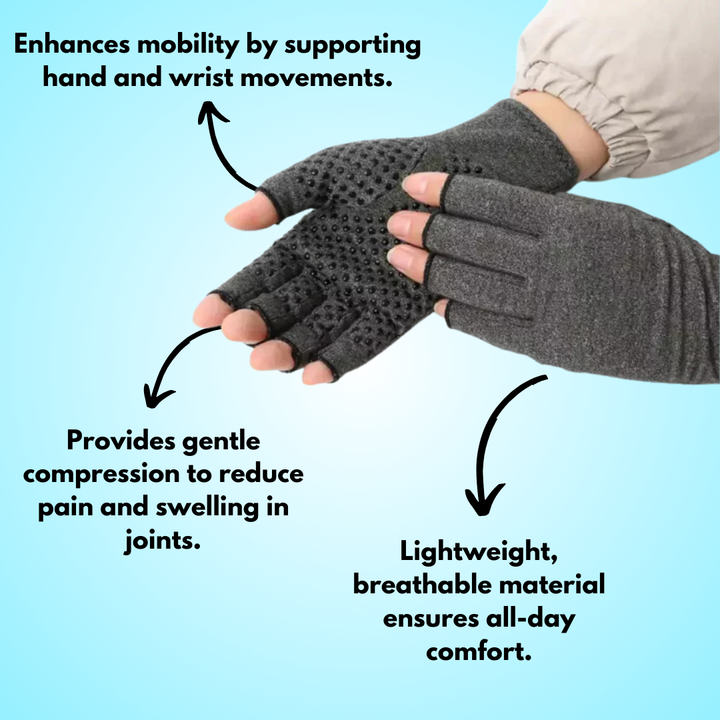 "Unisex arthritis compression gloves with grips, showcasing sleek design and textured grips for joint pain relief and stabili
