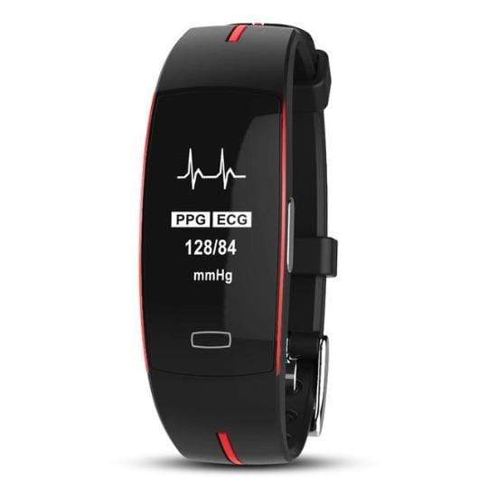 Unisex Blood Pressure Smart Watch with Heart Rate Monitor in black/red. Sleek design, ideal for health tracking and alerts.