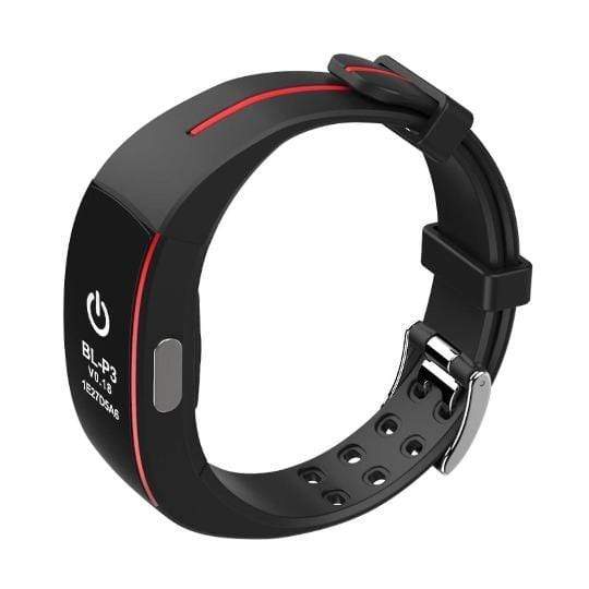 Unisex Blood Pressure Smart Watch with Heart Rate Monitor in black/red. Sleek design, ideal for health tracking and alerts.