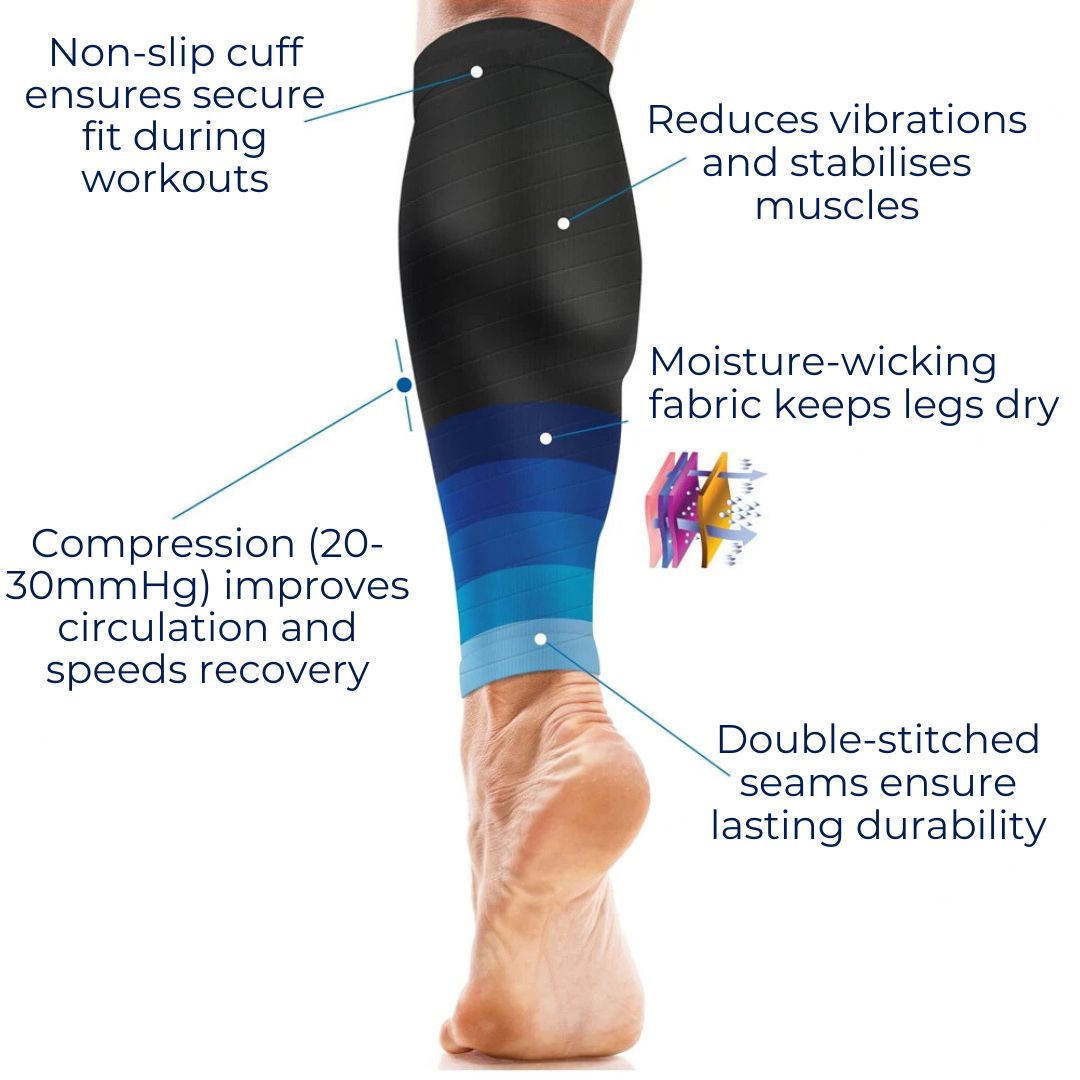 "Unisex calf compression sleeves in sleek design for enhanced circulation, available in various colors for pain relief and co