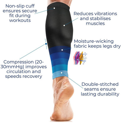 "Unisex calf compression sleeves in sleek design for enhanced circulation, available in various colors for pain relief and co
