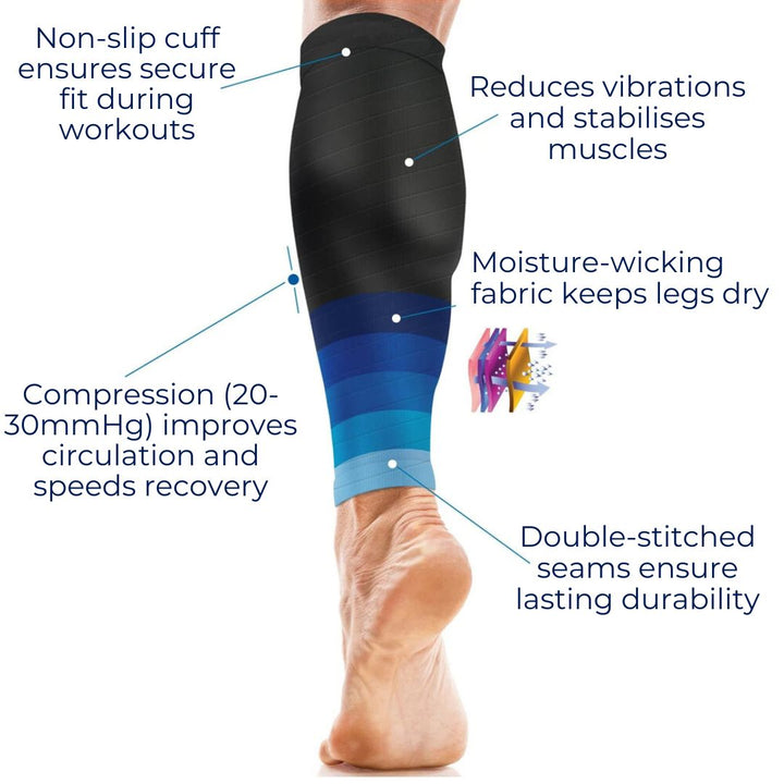 "Unisex calf compression sleeves in sleek design for enhanced circulation, available in various colors for pain relief and co