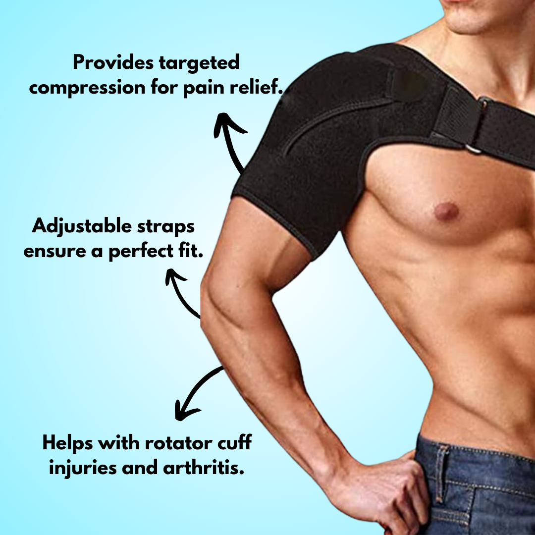 Unisex compression shoulder brace for pain relief, adjustable fit, breathable fabric, ideal for injury recovery and support.