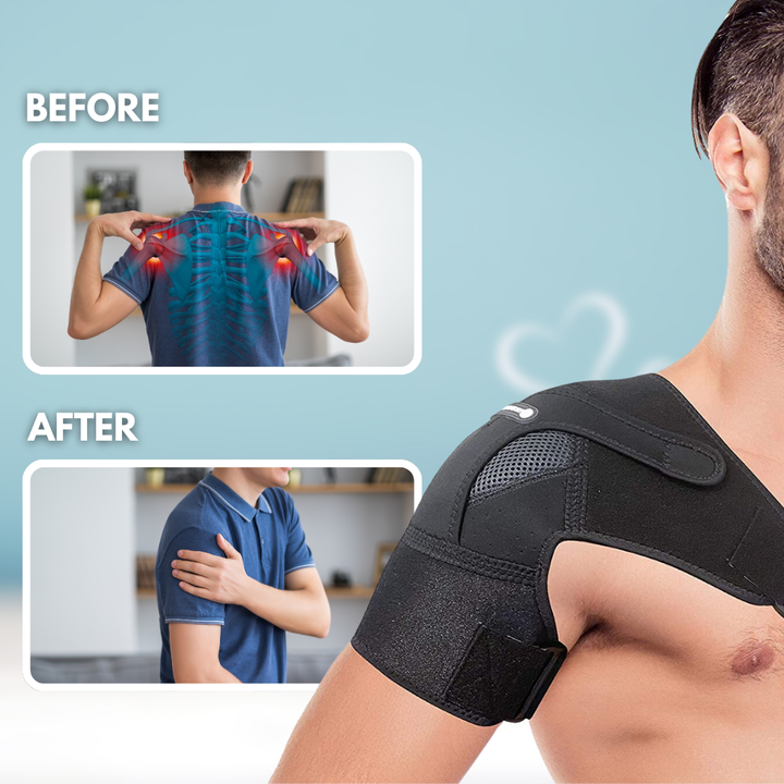 Unisex compression shoulder brace for pain relief, adjustable fit, breathable fabric, ideal for injury recovery and support.