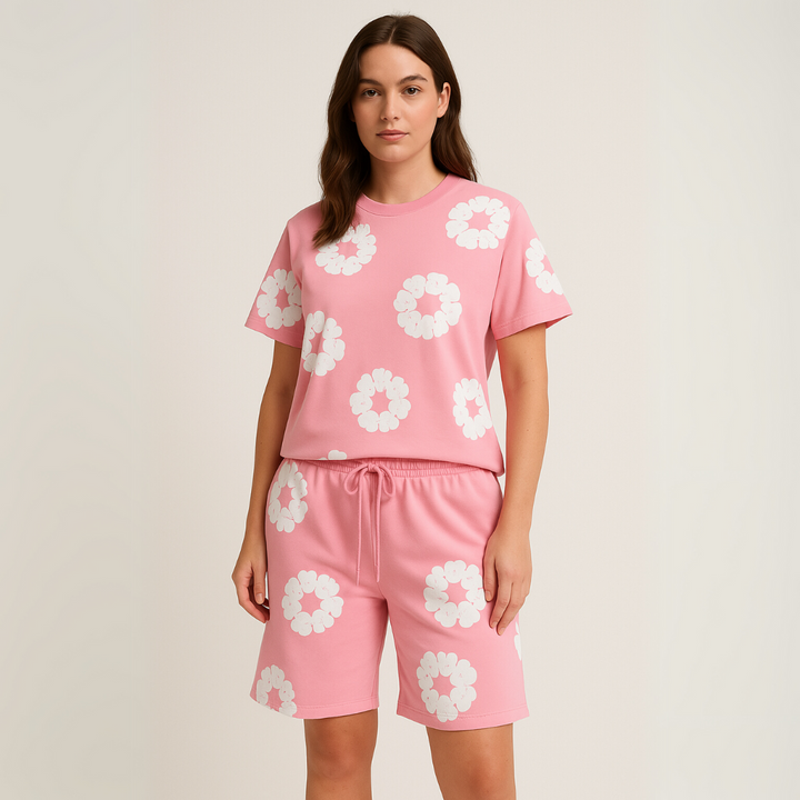 Unisex cotton wreath summer set with black base and white floral print; T-shirt and shorts ensemble for stylish comfort.