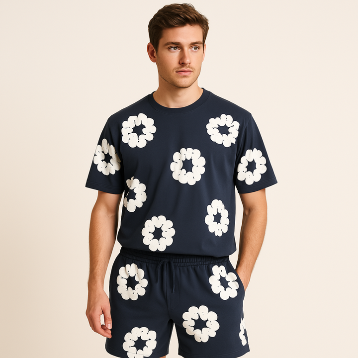 Unisex cotton wreath summer set with black base and white floral print; T-shirt and shorts ensemble for stylish comfort.