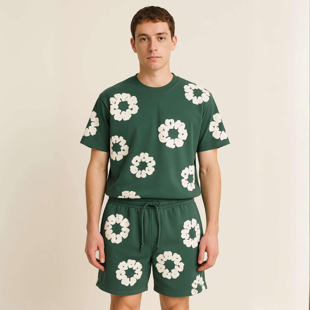 Unisex cotton wreath summer set with black base and white floral print; T-shirt and shorts ensemble for stylish comfort.