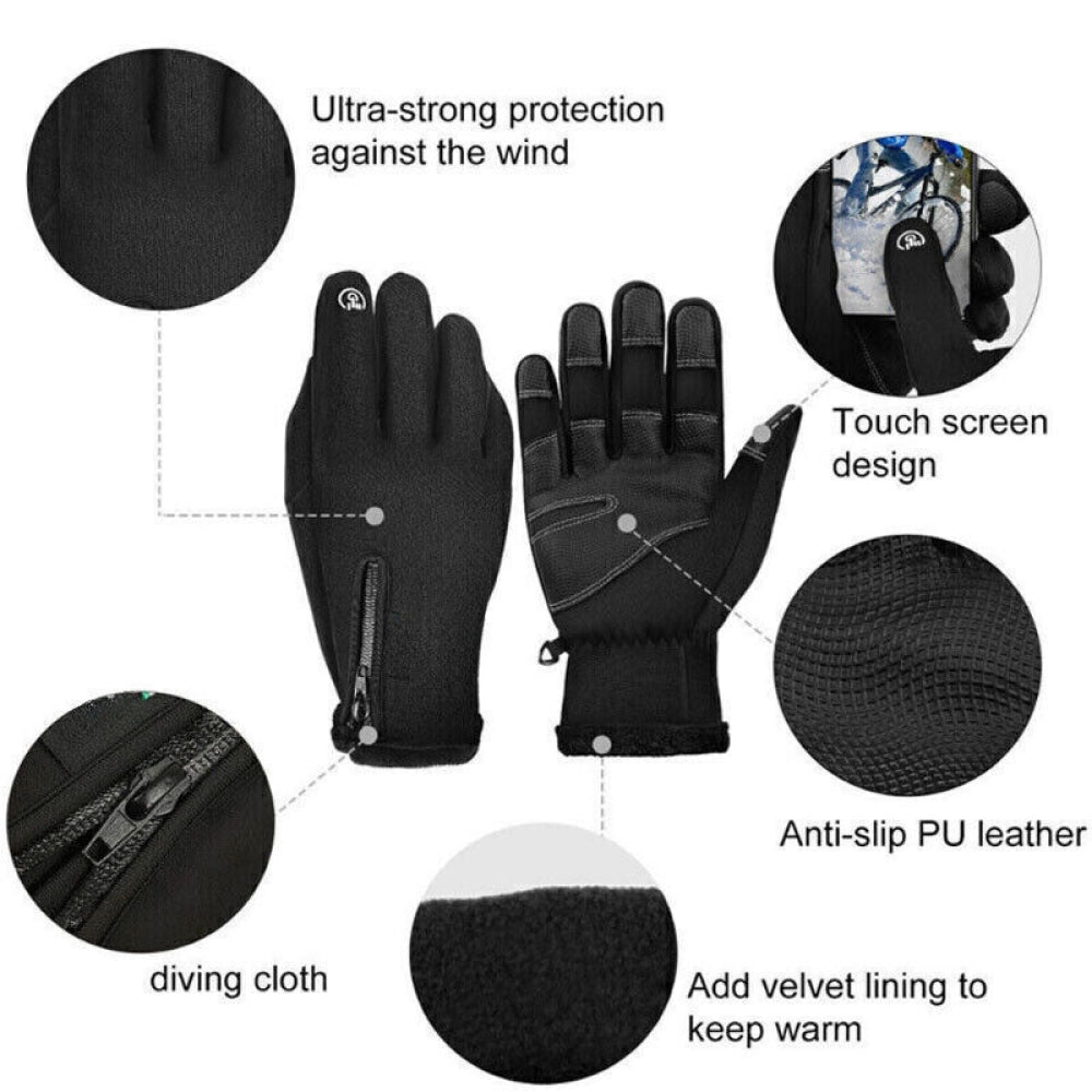 "Unisex electric thermal winter gloves, sleek black, waterproof, touchscreen fingers, USB-heated pads for ultimate warmth."