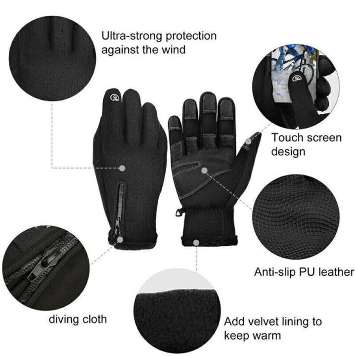 "Unisex electric thermal winter gloves, sleek black, waterproof, touchscreen fingers, USB-heated pads for ultimate warmth."