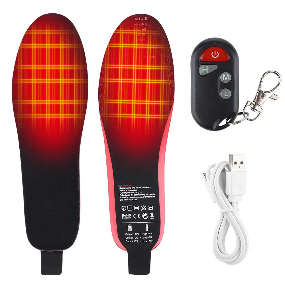 "Unisex electric warming foot insoles, sleek design, ideal for cold weather adventures, remote-controlled heat settings."