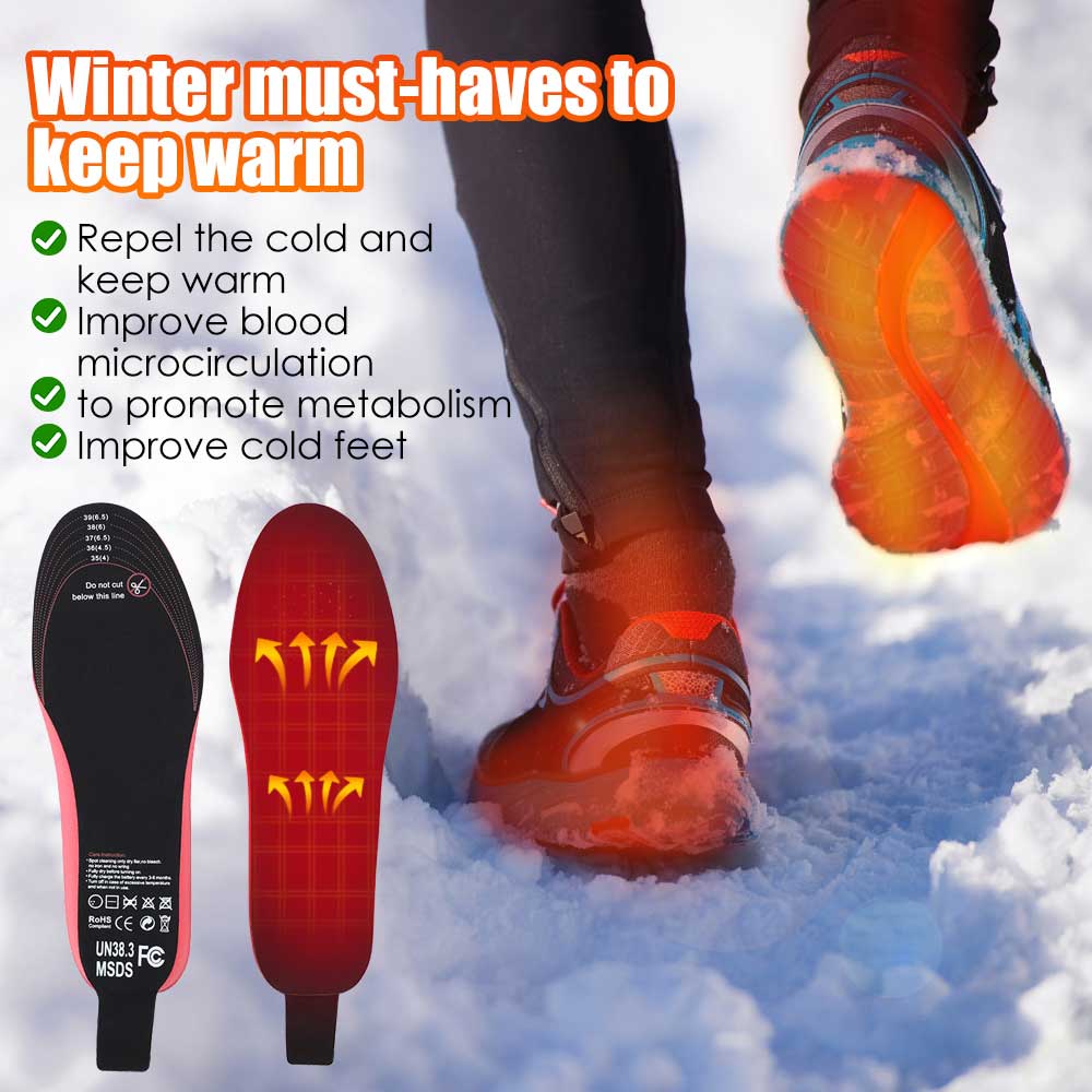 "Unisex electric warming foot insoles, sleek design, ideal for cold weather adventures, remote-controlled heat settings."