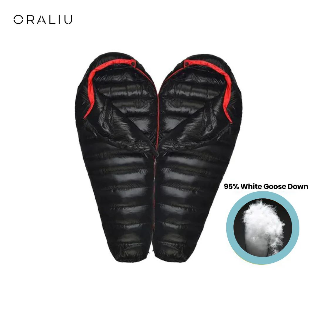 Unisex extreme cold -20°C winter sleeping bag, robust blue nylon, insulated with duck down, ideal for harsh winter camping.