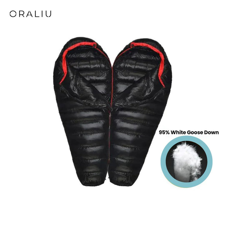 Unisex extreme cold -20°C winter sleeping bag, robust blue nylon, insulated with duck down, ideal for harsh winter camping.