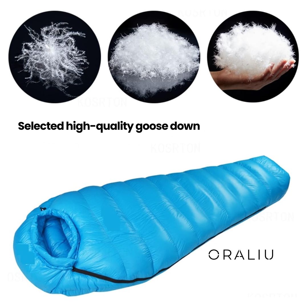 Unisex extreme cold -20°C winter sleeping bag, robust blue nylon, insulated with duck down, ideal for harsh winter camping.