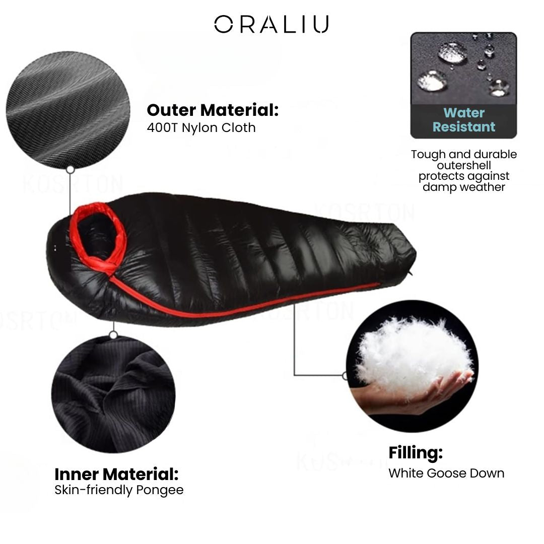 Unisex extreme cold -20°C winter sleeping bag, robust blue nylon, insulated with duck down, ideal for harsh winter camping.