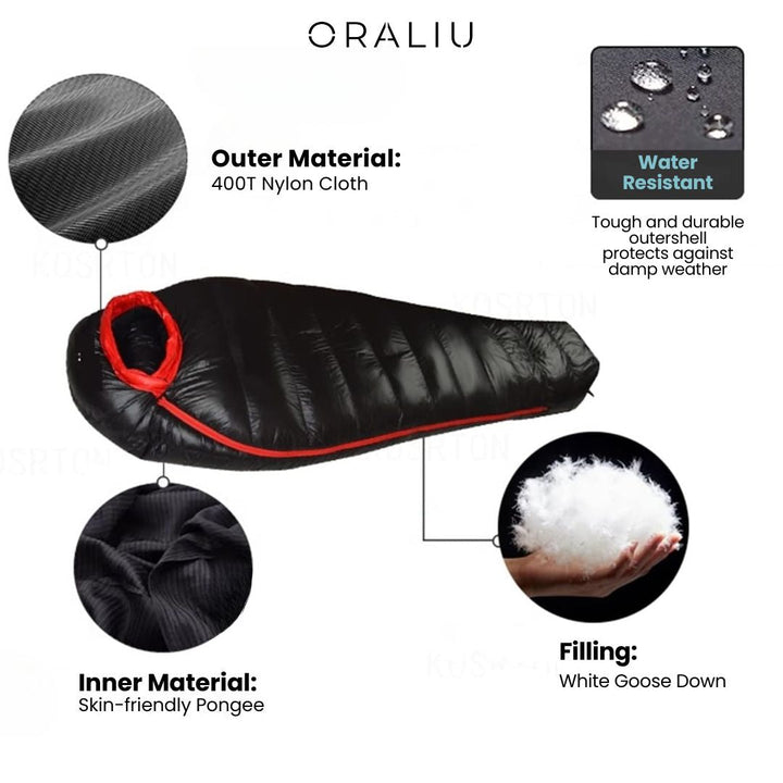 Unisex extreme cold -20°C winter sleeping bag, robust blue nylon, insulated with duck down, ideal for harsh winter camping.