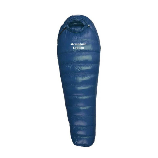 Unisex extreme cold -20°C winter sleeping bag, robust blue nylon, insulated with duck down, ideal for harsh winter camping.