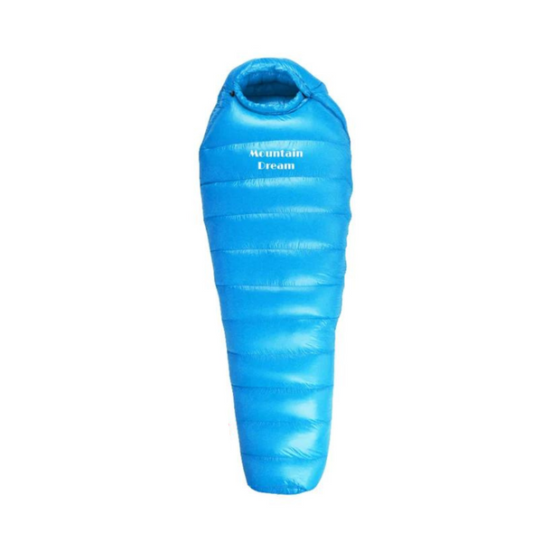 Unisex extreme cold -20°C winter sleeping bag, robust blue nylon, insulated with duck down, ideal for harsh winter camping.
