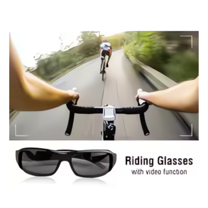 "Unisex glasses with built-in 4K camera, black frame, discreet design, wide-angle lens, ideal for hands-free video recording.