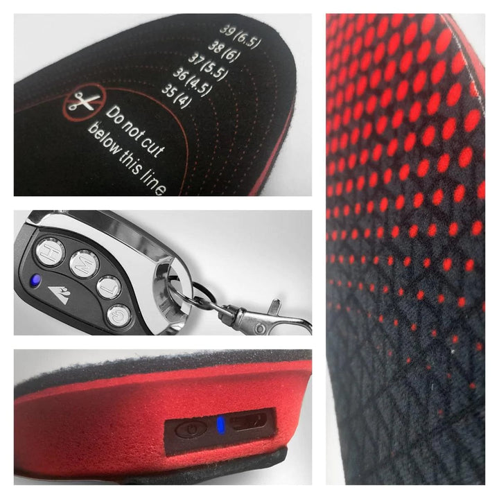 "Unisex heated insoles with rechargeable warmth, fits most shoes, ideal for cold weather, features wireless and adjustable he
