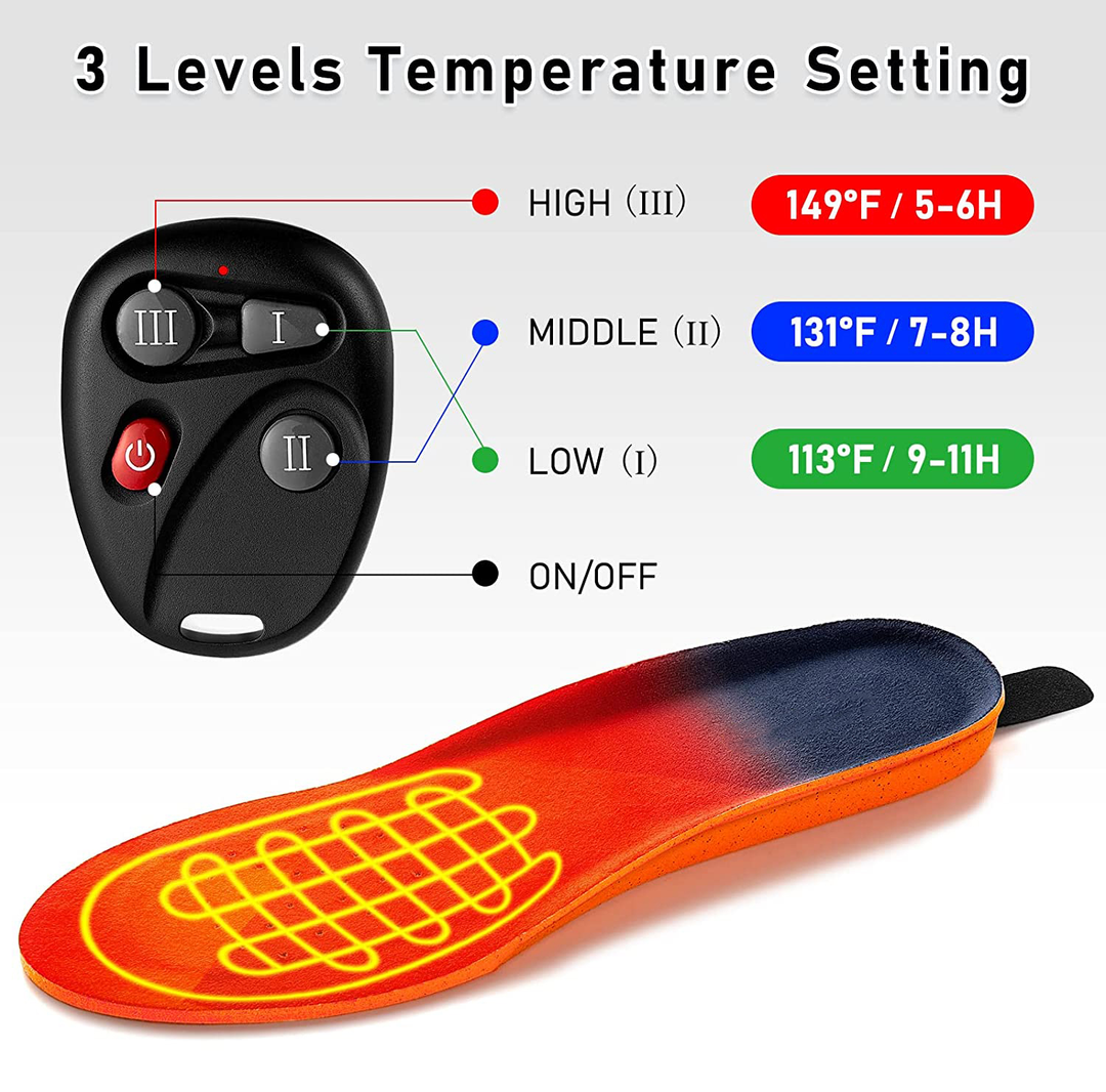 "Unisex heated insoles with rechargeable warmth, fits most shoes, ideal for cold weather, features wireless and adjustable he