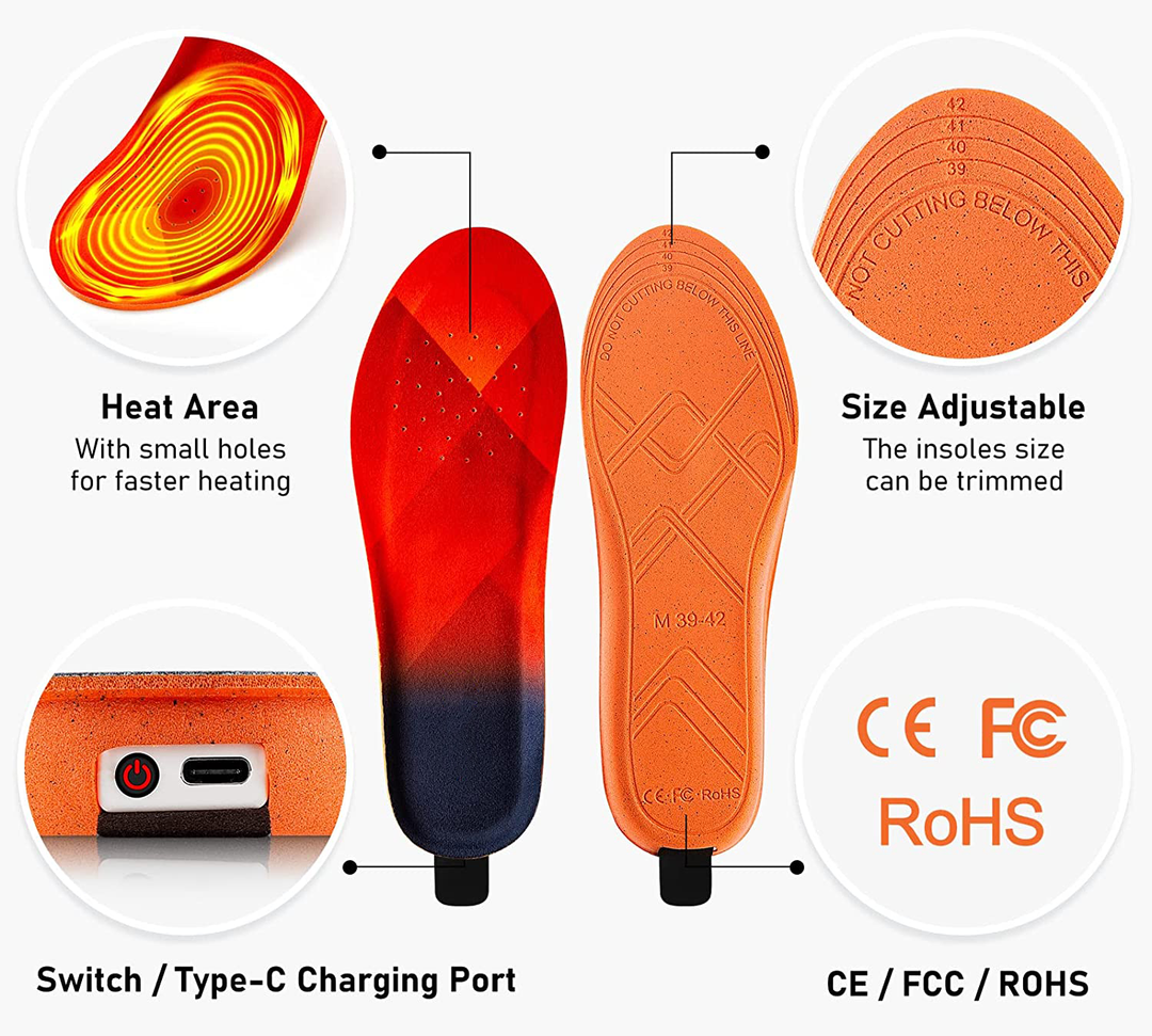 "Unisex heated insoles with rechargeable warmth, fits most shoes, ideal for cold weather, features wireless and adjustable he