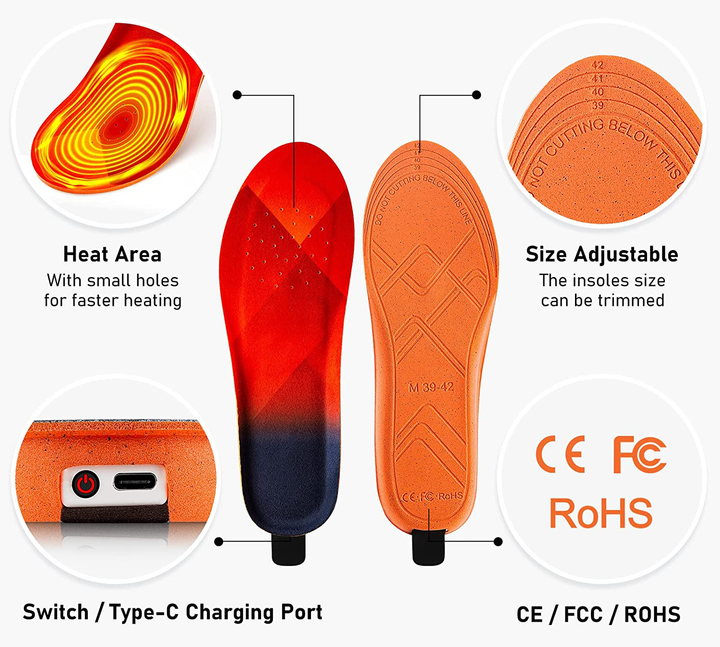 "Unisex heated insoles with rechargeable warmth, fits most shoes, ideal for cold weather, features wireless and adjustable he
