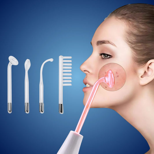 "Unisex high-frequency beauty device for acne and hair care, sleek design, emits gentle light, suitable for all skin types."
