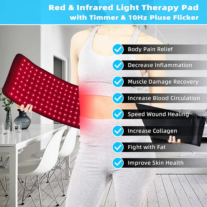 "Unisex infrared light therapy belt for pain relief, featuring dual wavelengths, wraps comfortably around back, waist, limbs.