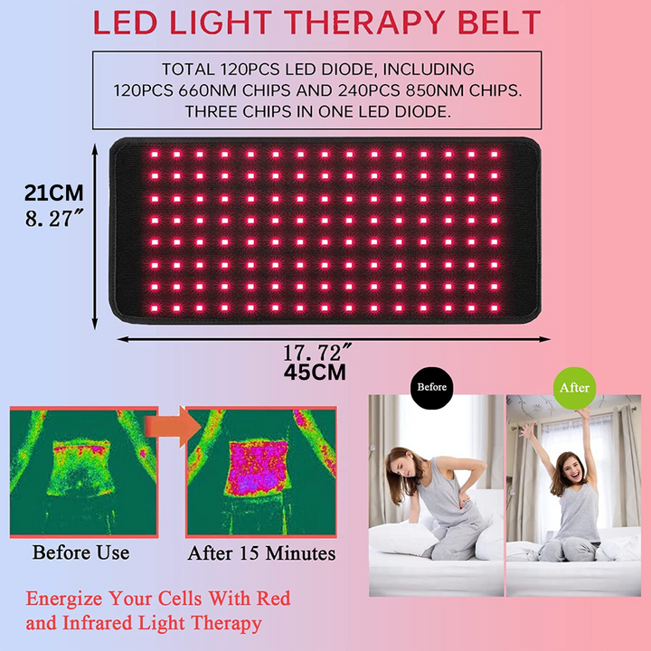 "Unisex infrared light therapy belt for pain relief, featuring dual wavelengths, wraps comfortably around back, waist, limbs.