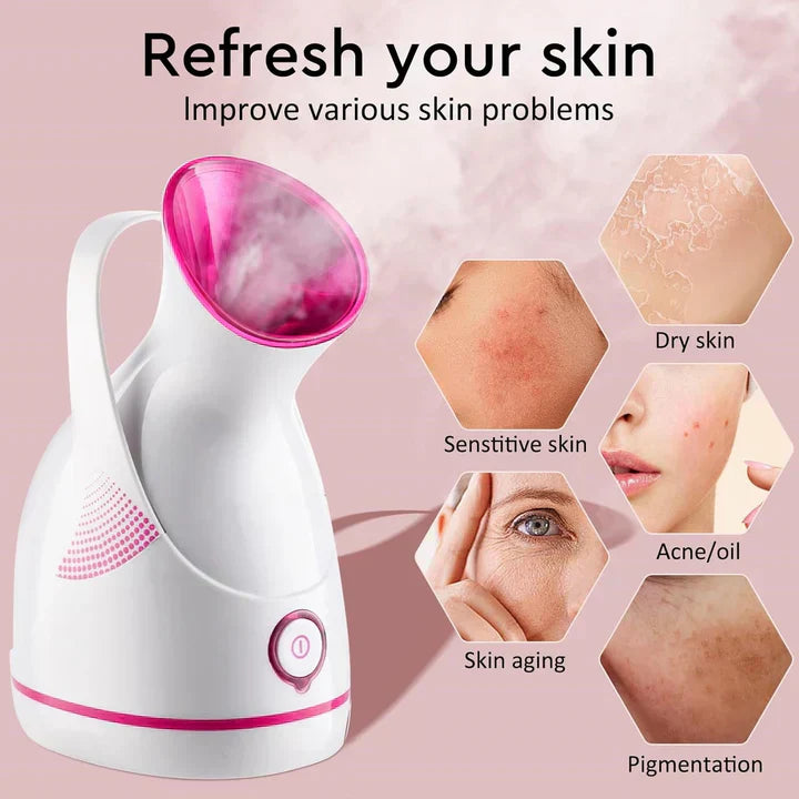 "Unisex nano-ionic skin rejuvenation steamer emits fine mist for deep hydration, suitable for all skin types, stylish design.