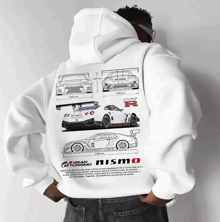 "Unisex oversized racing hoodie with bold accents, relaxed fit, and sporty design for all-day comfort and style."