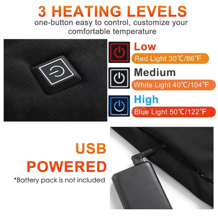 "Unisex rechargeable heated thermal underwear, winter base layer, sleek fit, black color, for outdoor activities."