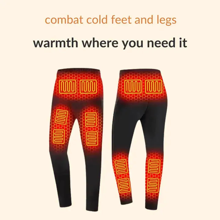 "Unisex rechargeable heated thermal underwear, winter base layer, sleek fit, black color, for outdoor activities."