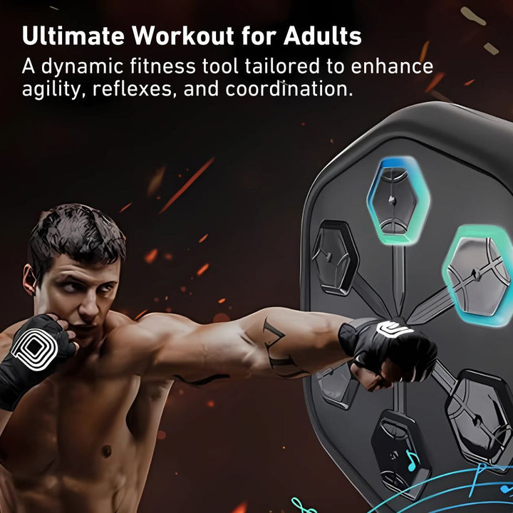 "Unisex Rhythm Punch Max Boxing Trainer with sleek design, digital display, music sync feature for immersive home gym workout