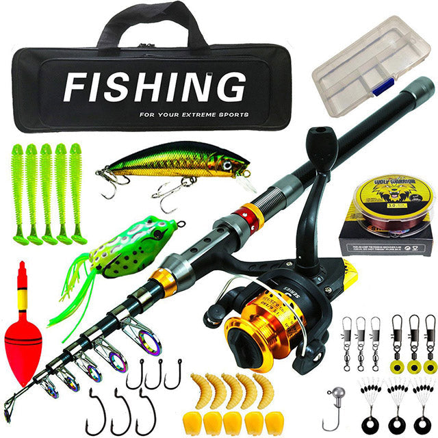 Unisex telescopic carbon fiber fishing rod kit with spinning reel and carrying bag for easy use, ideal for any angler.