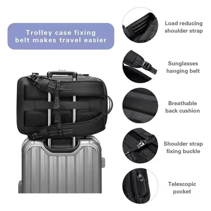 "Unisex Vacuum Travel Backpack with expandable design, anti-theft features, and dry/wet separation in Black, Blue, Gray, Gree