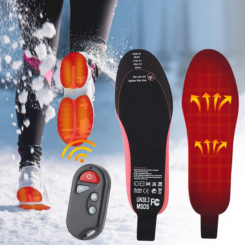 "Unisex wireless heated insoles with remote control, sleek design, flexible, rechargeable, perfect for cold weather activitie