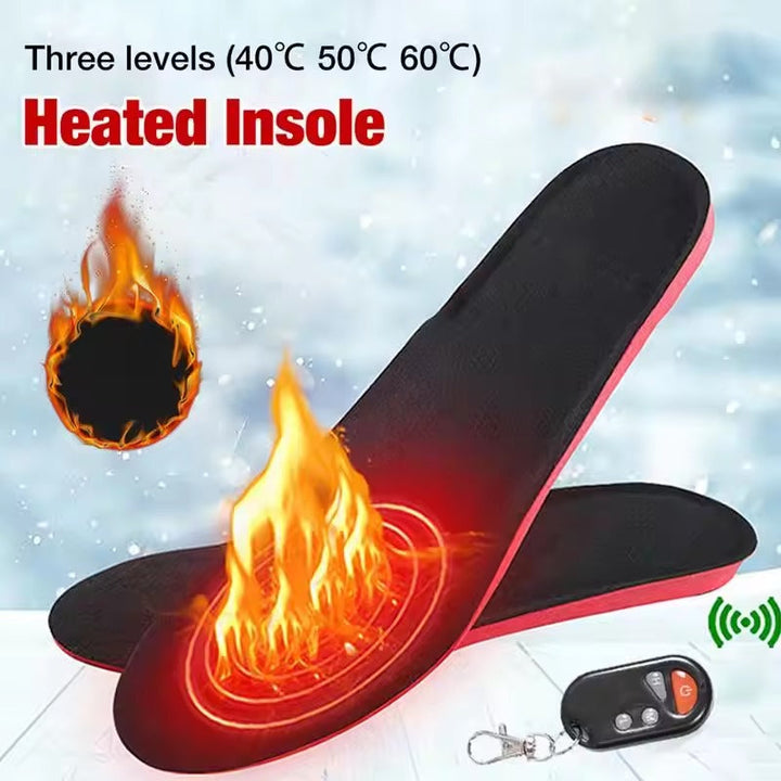 "Unisex wireless heated insoles with remote control, sleek design, flexible, rechargeable, perfect for cold weather activitie