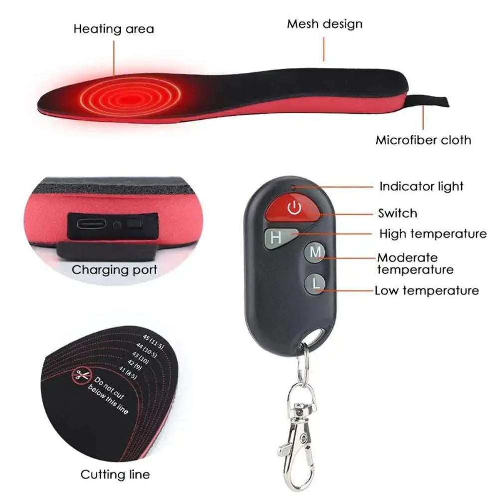 "Unisex wireless heated insoles with remote control, sleek design, flexible, rechargeable, perfect for cold weather activitie
